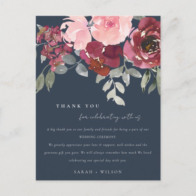 NAVY BLUSH BURGUNDY ROSE FLORAL WEDDING THANK YOU ANNOUNCEMENT POSTCARD (Front)