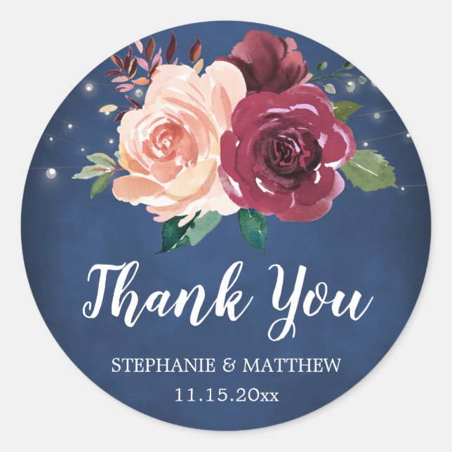 Navy Blush Burgundy Rose Lights Wedding Thank You Classic Round Sticker (Front)