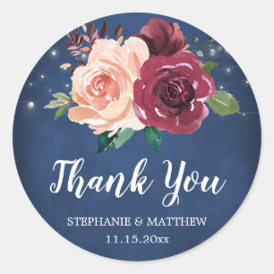 Navy Blush Burgundy Rose Lights Wedding Thank You Classic Round Sticker