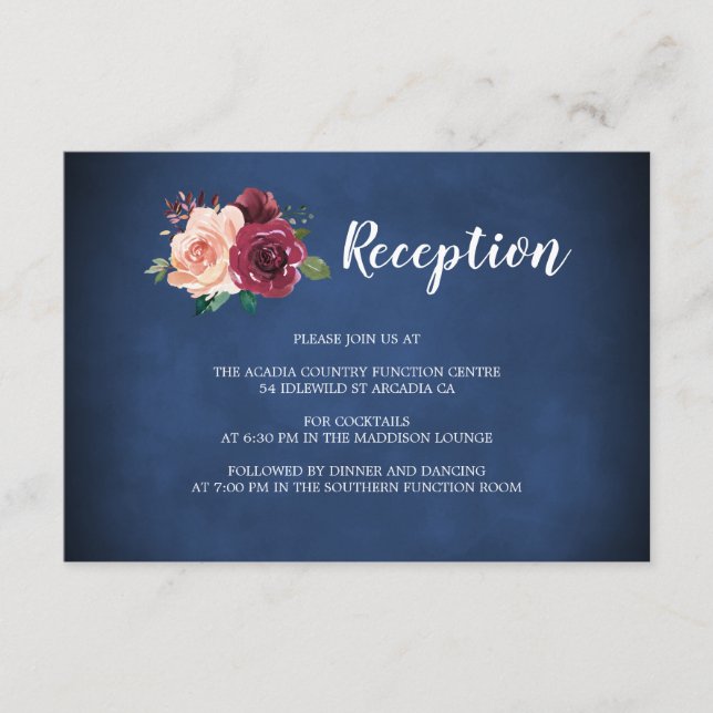 Navy Blush Burgundy Roses Floral Wedding Reception Enclosure Card (Front)