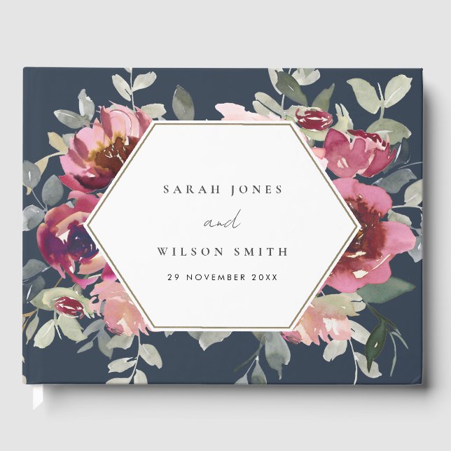 NAVY BLUSH BURGUNDY WATERCOLOR FLORAL WEDDING GUEST BOOK (Front)