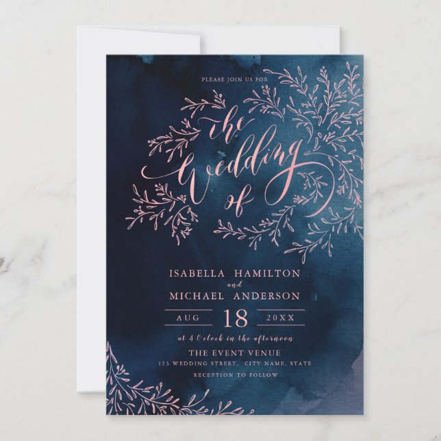 Navy blush calligraphy rustic floral wedding invitation (Front)