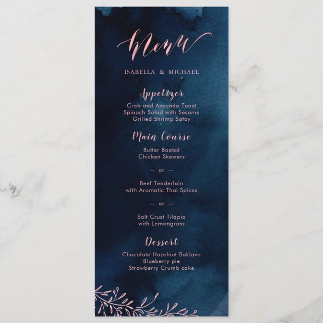Navy blush calligraphy rustic floral wedding menu (Front)