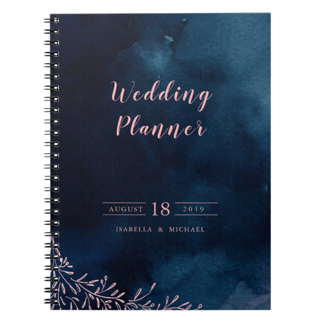Navy blush calligraphy rustic wedding planner notebook (Front)