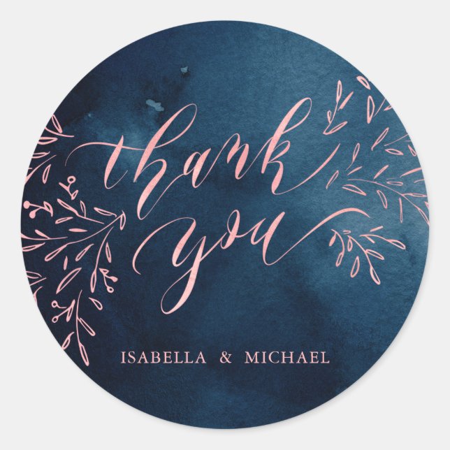 Navy blush calligraphy thank you rustic floral classic round sticker (Front)