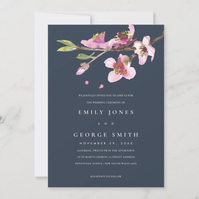 NAVY BLUSH CHERRY BLOSSOM FLORAL WEDDING INVITE (Front)