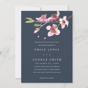 NAVY BLUSH CHERRY BLOSSOM FLORAL WEDDING INVITE