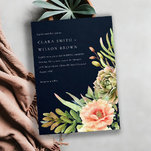 NAVY BLUSH DESERT SUCCULENT CACTI FOLIAGE WEDDING INVITATION