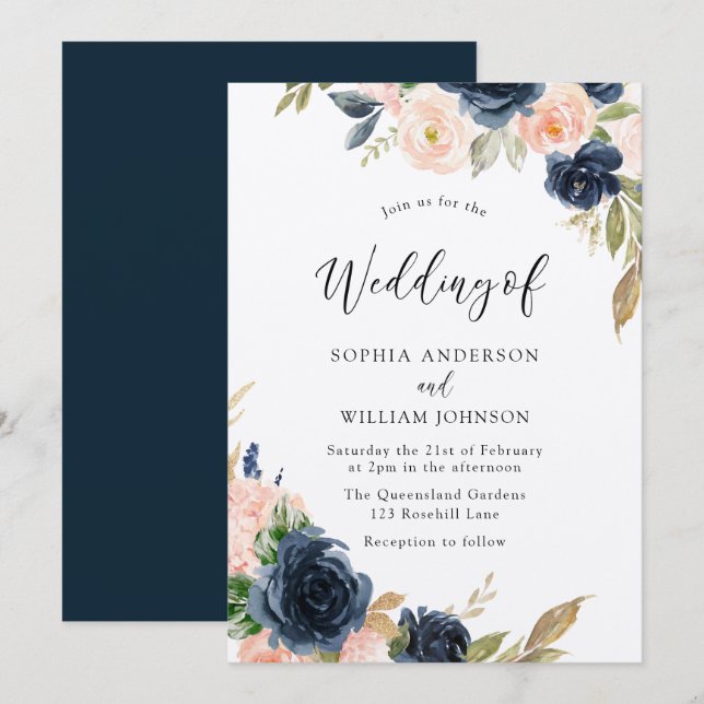 Navy & Blush Elegance: Beautiful Floral Wedding Invitation (Front/Back)