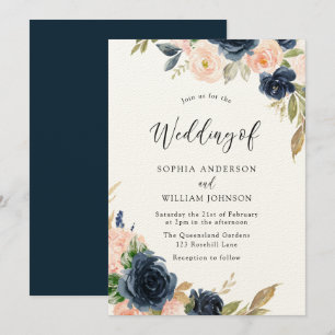 Navy & Blush Elegance: Beautiful Floral Wedding Invitation
