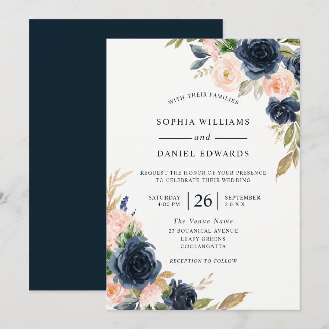 Navy & Blush Elegant All Seasons Wedding Invitation (Front/Back)