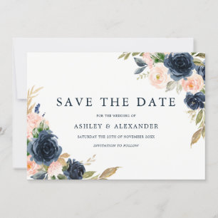 Navy Blush Elegant Modern Floral Wedding Save The Date