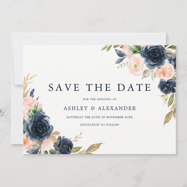 Navy Blush Elegant Modern Floral Wedding Save The Date (Front)