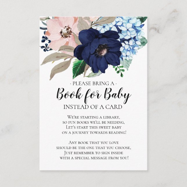 Navy & Blush Floral Baby Shower Book for Baby Enclosure Card (Front)