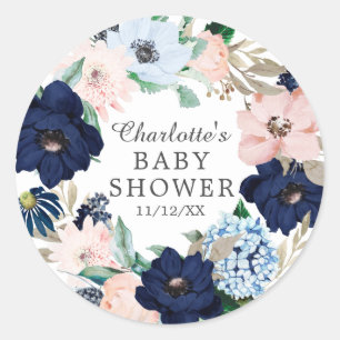 Navy & Blush Floral Baby Shower Favour Sticker