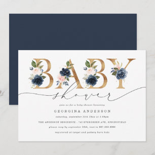Navy Blush Floral Baby Shower Invitation