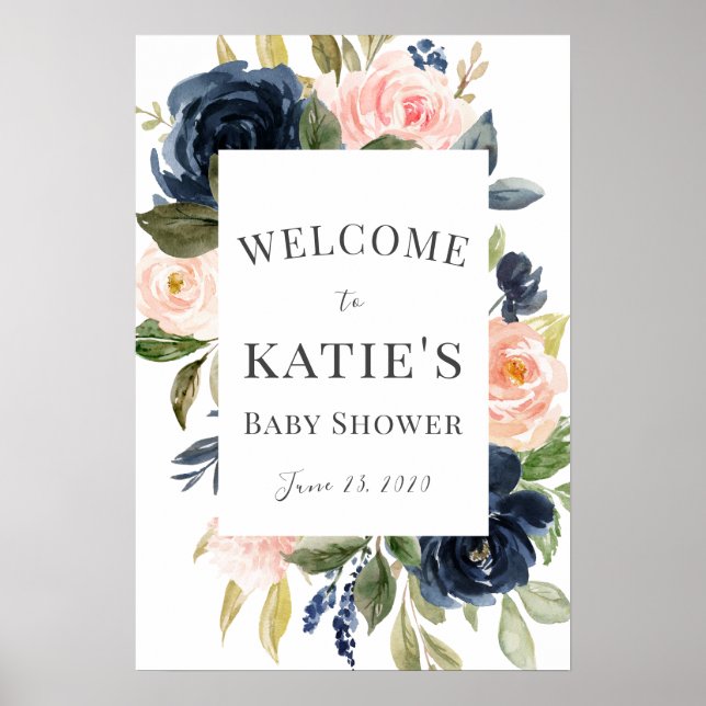 Navy & Blush Floral Baby Shower Welcome Poster (Front)