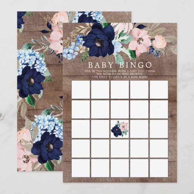 Navy & Blush Floral BINGO Baby Shower Game Invitation (Front/Back)