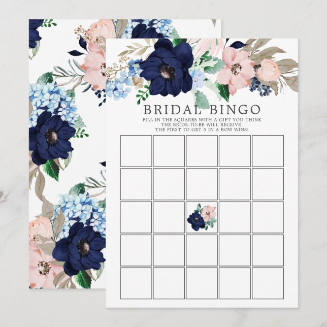 Navy & Blush Floral BINGO Bridal Shower Game Invitation (Front/Back)