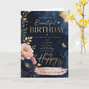 Navy Blush Floral Birthday Card