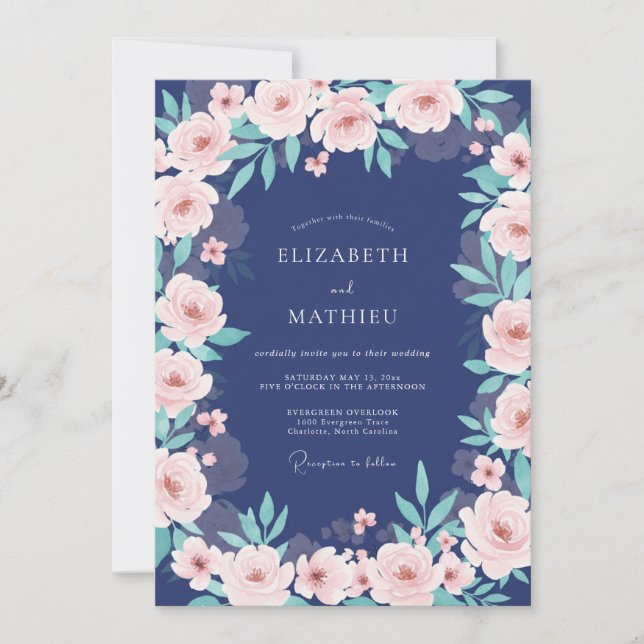Navy Blush Floral Bouquet Wedding Invitation (Front)