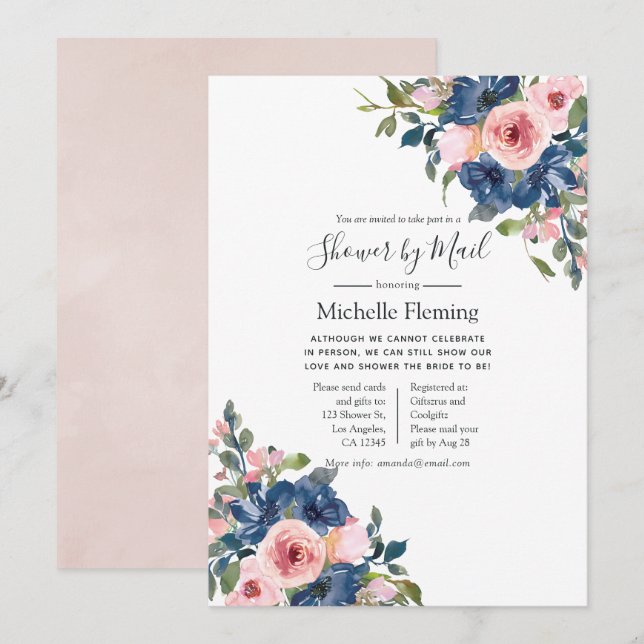 Navy & Blush Floral Bridal or Baby Shower by Mail Invitation (Front/Back)
