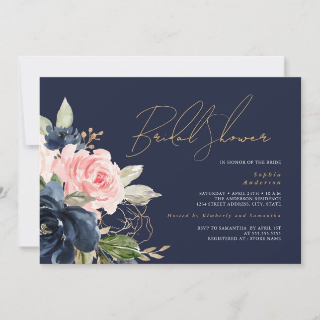 Navy Blush Floral Bridal Shower Invitation (Front)