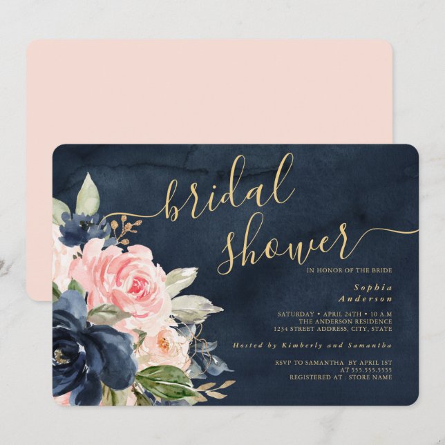 Navy Blush Floral Bridal Shower Invitation (Front/Back)