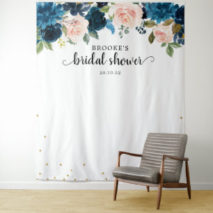 Navy Blush Floral Bridal shower Photo Backdrop Tapestry