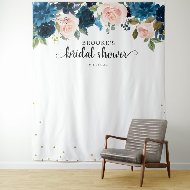 Navy Blush Floral Bridal shower Photo Backdrop Tapestry (In Situ)