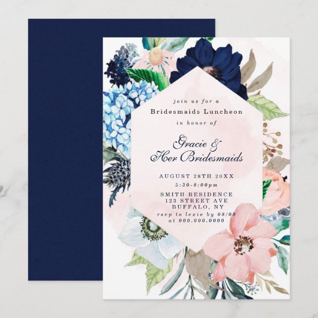 Navy Blush Floral Bridesmaids Luncheon Invites (Front/Back)