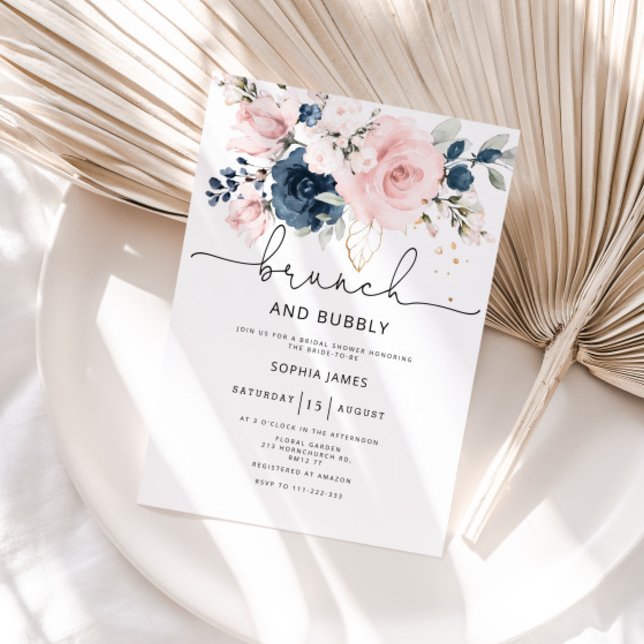 Navy blush floral brunch and bubbly bridal shower invitation (Creator Uploaded)