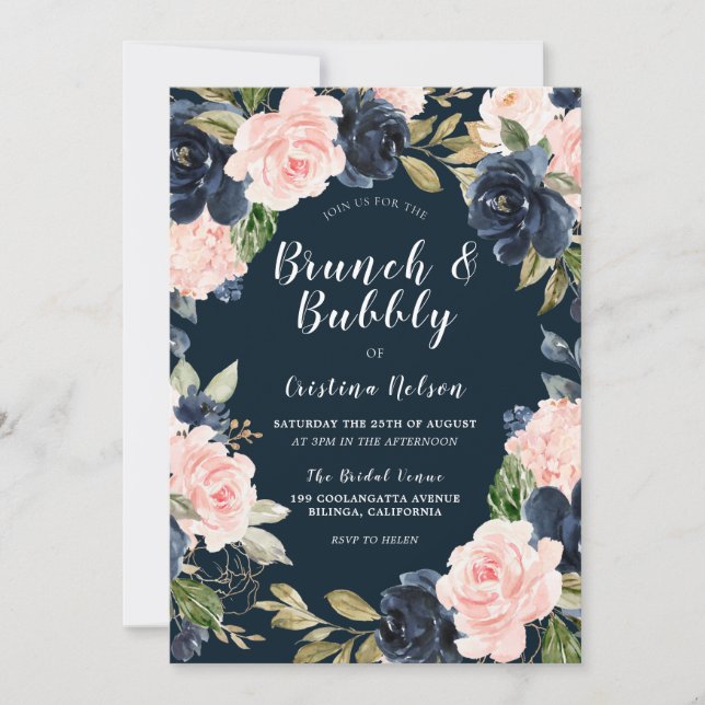 Navy & Blush Floral Brunch & Bubbly Bridal Shower Invitation (Front)