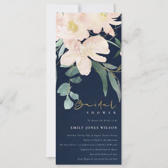 NAVY BLUSH FLORAL BUNCH WATERCOLOR BRIDAL SHOWER INVITATION (Front)