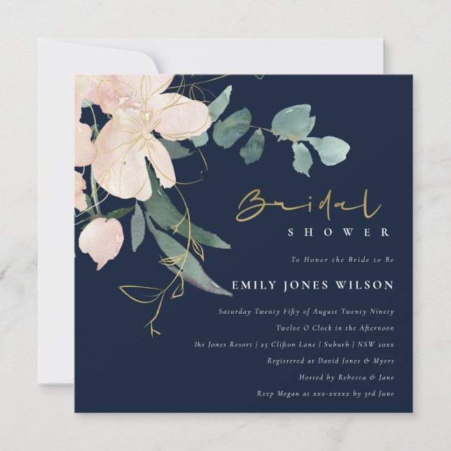 NAVY BLUSH FLORAL BUNCH WATERCOLOR BRIDAL SHOWER INVITATION (Front)