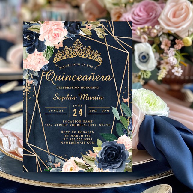 Navy Blush Floral Butterfly Geometric Quinceanera  Invitation (Creator Uploaded)