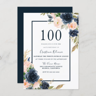 Navy & Blush Floral Elegant 100th Birthday Party Invitation