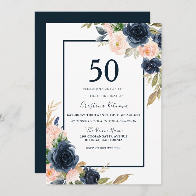 Navy & Blush Floral Elegant 50th Birthday Party Invitation (Front/Back)