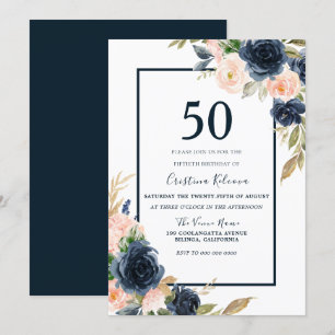 Navy & Blush Floral Elegant 50th Birthday Party Invitation