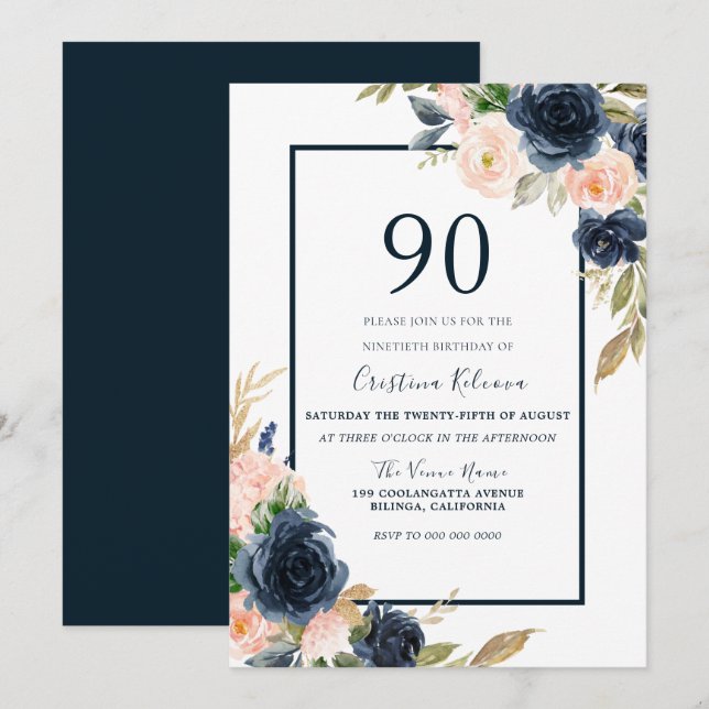 Navy & Blush Floral Elegant 90th Birthday Party Invitation (Front/Back)