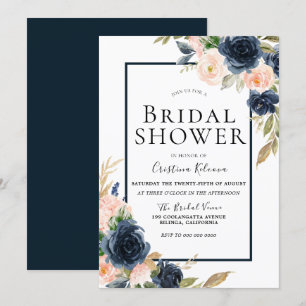 Navy & Blush Floral Elegant Bridal Shower Invitation