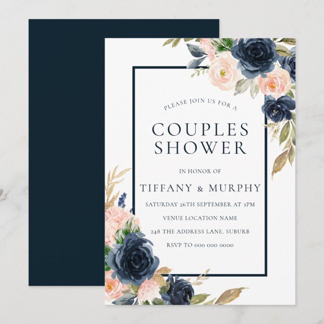 Navy & Blush Floral Elegant Couples Shower Invitation (Front/Back)