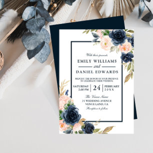 Navy & Blush Floral Elegant Wedding Invitation