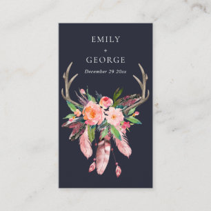NAVY BLUSH FLORAL FEATHER ANTLER WEDDING THANK YOU BUSINESS CARD