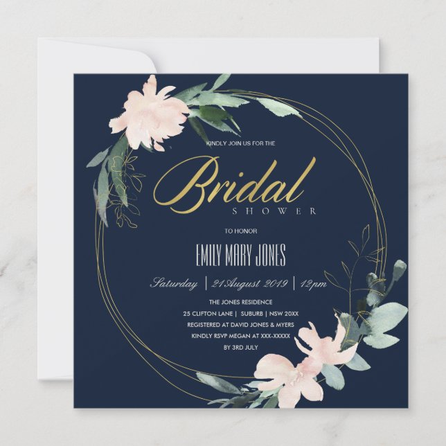 NAVY BLUSH FLORAL FRAME WATERCOLOR BRIDAL SHOWER INVITATION (Front)