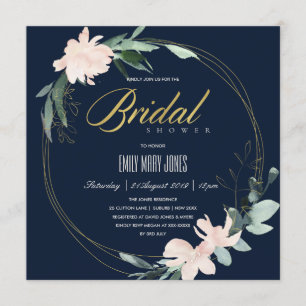 NAVY BLUSH FLORAL FRAME WATERCOLOR BRIDAL SHOWER INVITATION