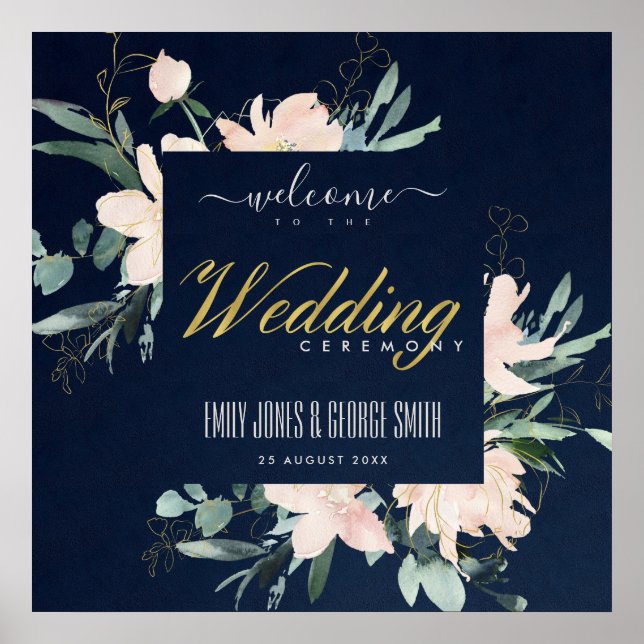 NAVY BLUSH FLORAL FRAME WATERCOLOR WEDDING WELCOME POSTER (Front)