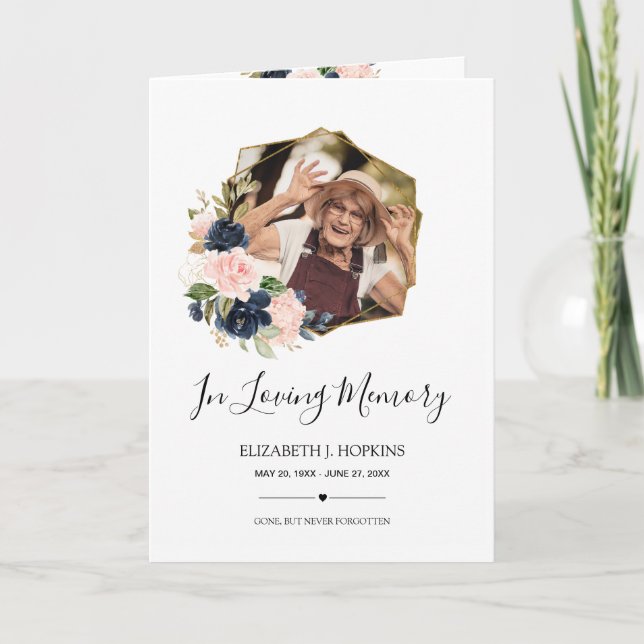 Navy Blush Floral Geometric Frame 2 Photo Funeral Programme (Front)