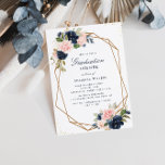 Navy & blush floral geometric graduation dinner invitation<br><div class="desc">A Navy blue and blush Floral design with a geometric frame with text in the middle.
The Navy background can also be changed.</div>