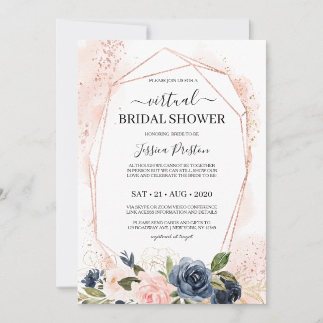 Navy Blush Floral Geometric Virtual Bridal Shower Invitation (Front)